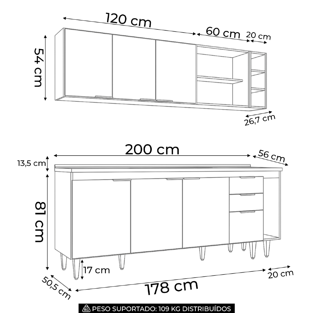 Armário de Cozinha CP11 Com Pia 200cm Pérola Z34 Preto      - Mpozenato