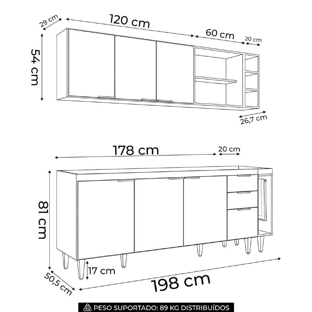 Armário de Cozinha CP11 Para Pia 200cm Pérola Z34 Preto     - Mpozenato