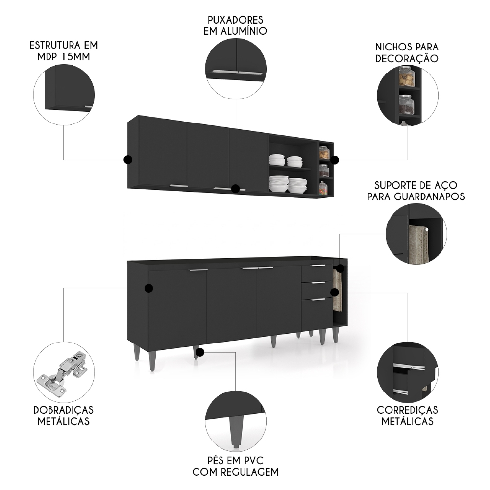Armário de Cozinha CP11 Para Pia 200cm Pérola Z34 Preto     - Mpozenato