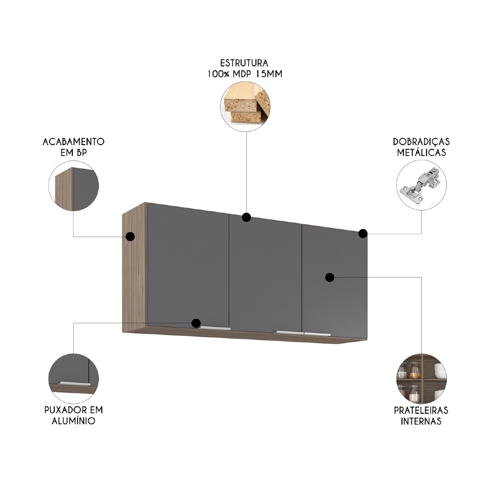 Armário de Cozinha Aéreo 120cm Pérola Z34 Freijó/Grafite    - Mpozenato