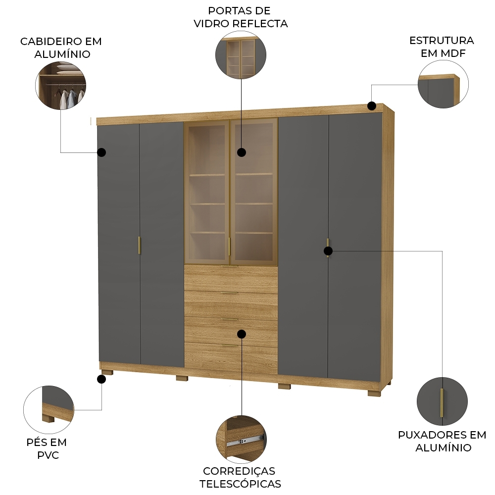 Guarda Roupa Casal 260cm Vidro Reflecta Vonn Nature/Alasca V02 - Mpozenato