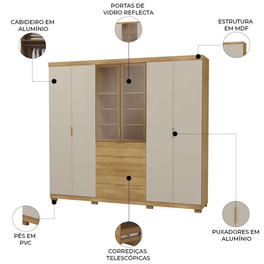 Guarda Roupa Casal 260cm Vidro Reflecta Vonn Nature/Fendi V02 - Mpozenato