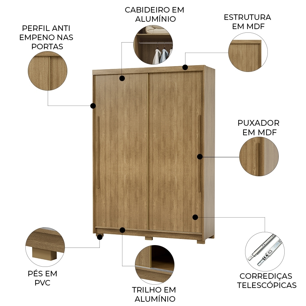 Guarda Roupa Casal 164cm Zane Nature/Fendi Flex V02 - Mpozenato