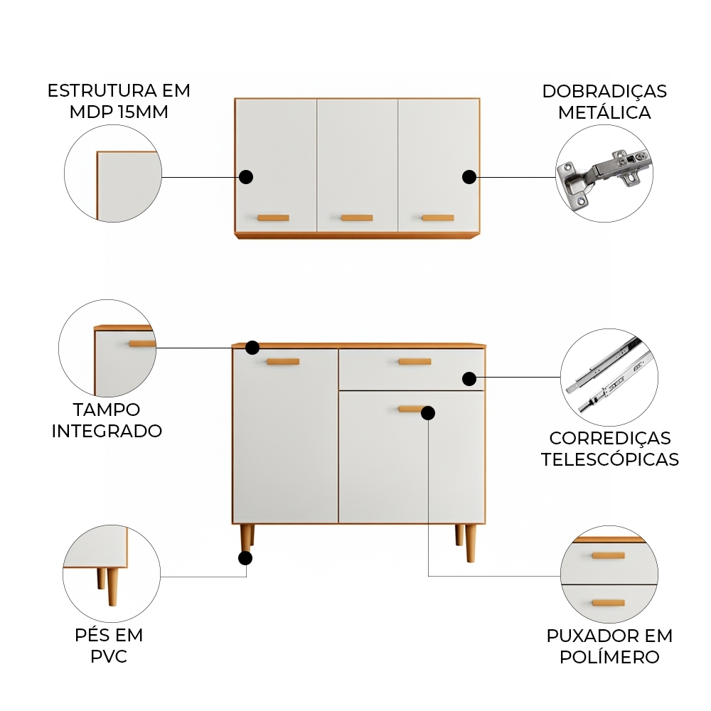 Armário Cozinha e Balcão 91cm Eris Freijó UV/Off Acetinado Z44 - Mpozenato
