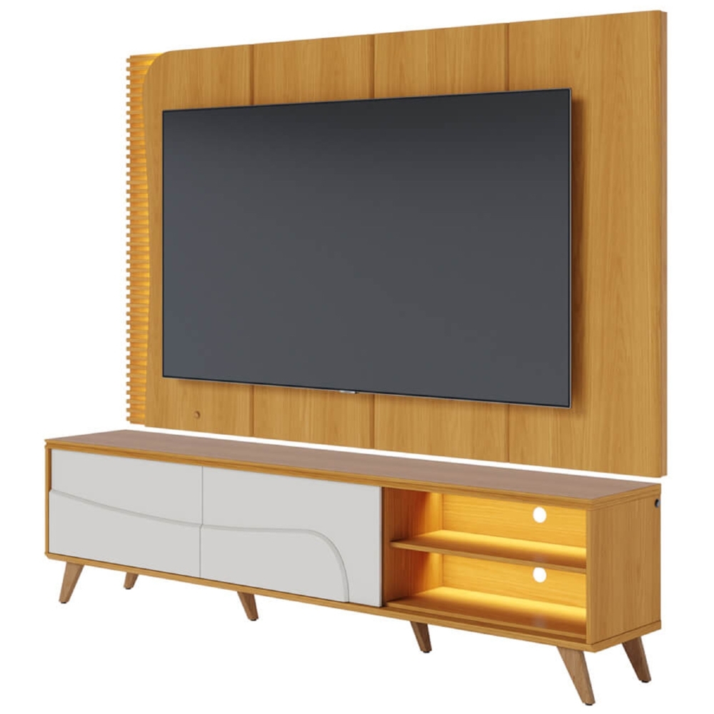 Painel TV 65 Pol LED e Rack Sala Pé Madeira Dante Naturale/Off C05 - Mpozenato