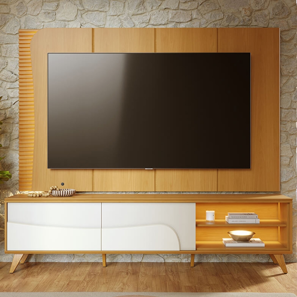 Painel TV 65 Pol LED e Rack Sala Pé Madeira Dante Naturale/Off C05 - Mpozenato