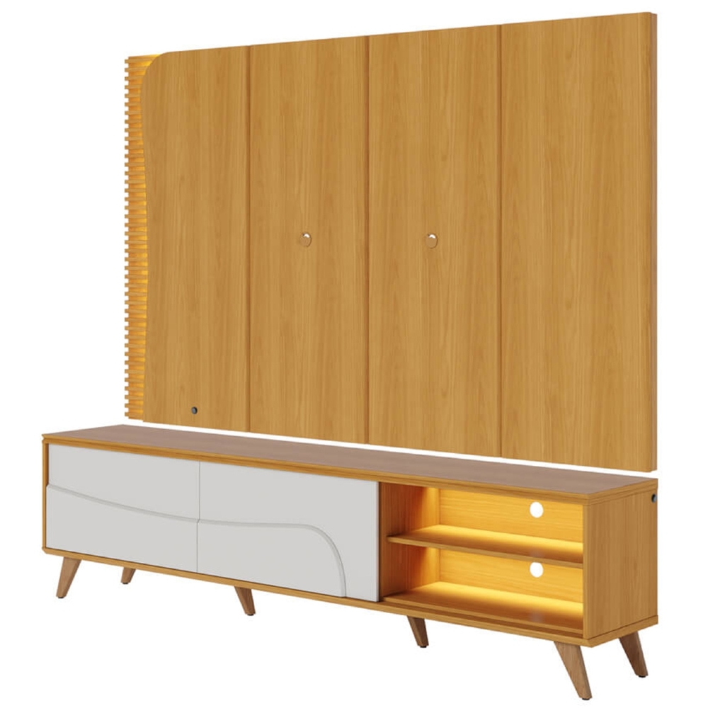 Painel TV 65 Pol LED e Rack Sala Pé Madeira Dante Naturale/Off C05 - Mpozenato