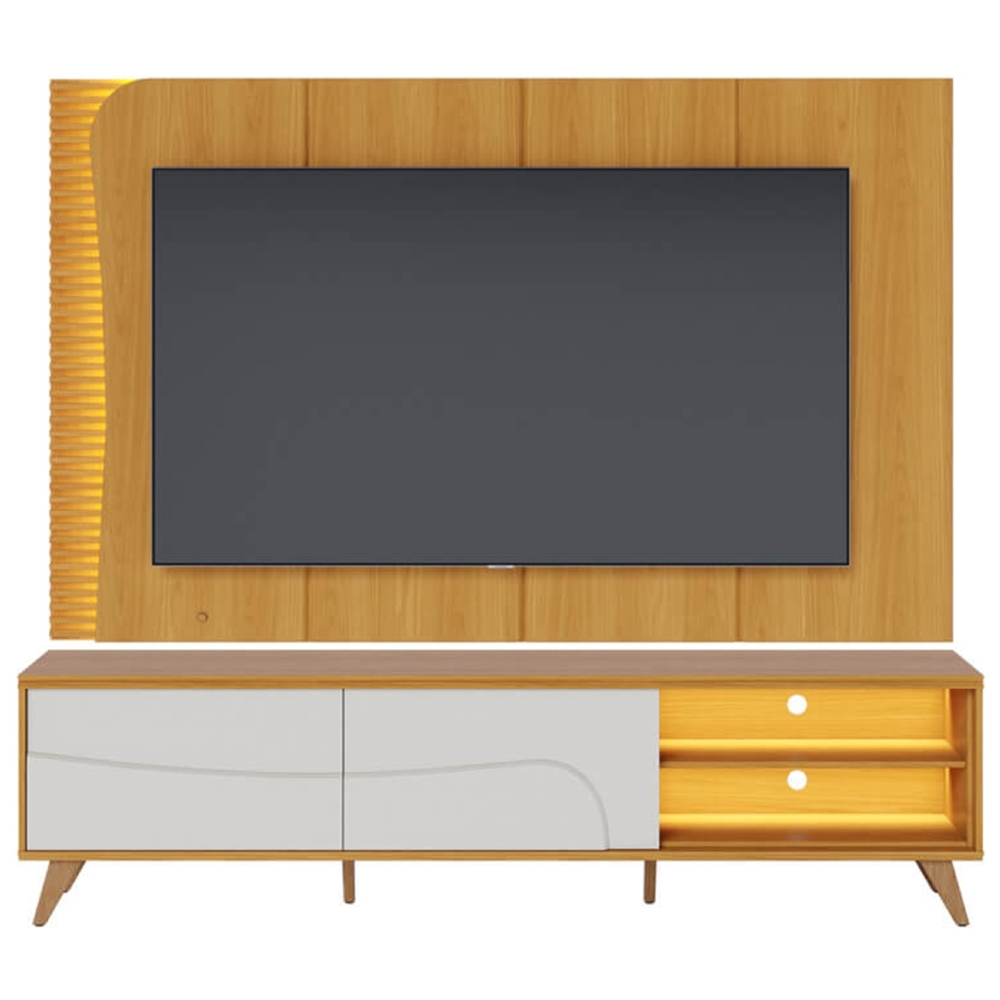 Painel TV 65 Pol LED e Rack Sala Pé Madeira Dante Naturale/Off C05 - Mpozenato