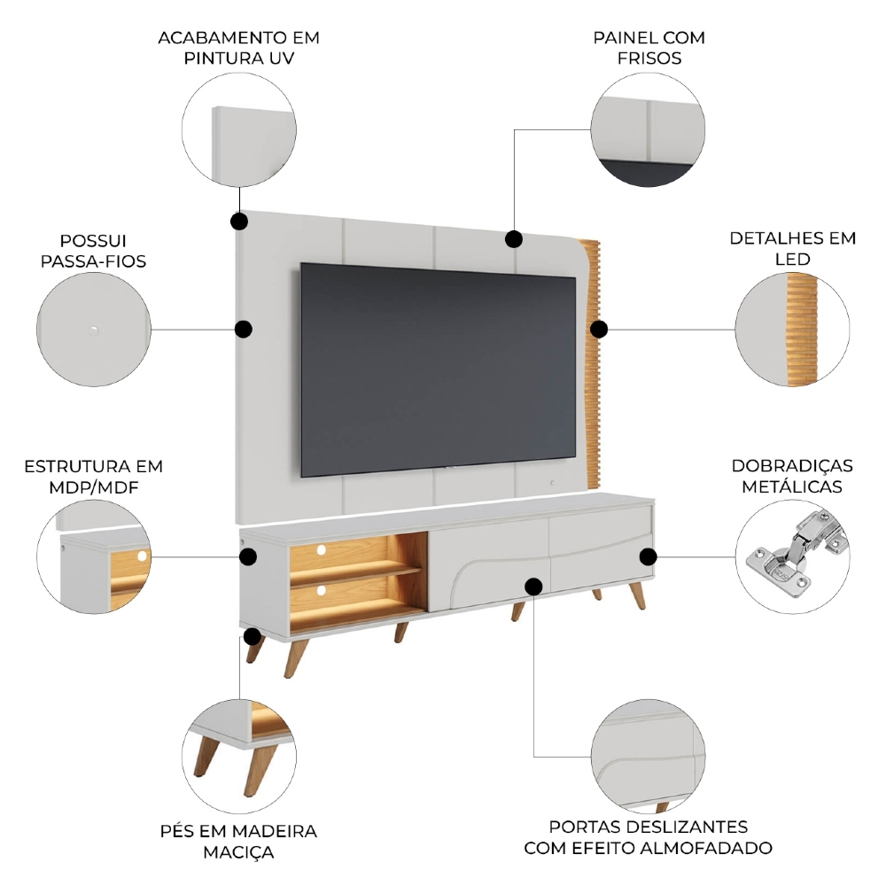 Painel TV 65 Pol LED e Rack Sala Pé Madeira Dante Off/Freijó C05 - Mpozenato