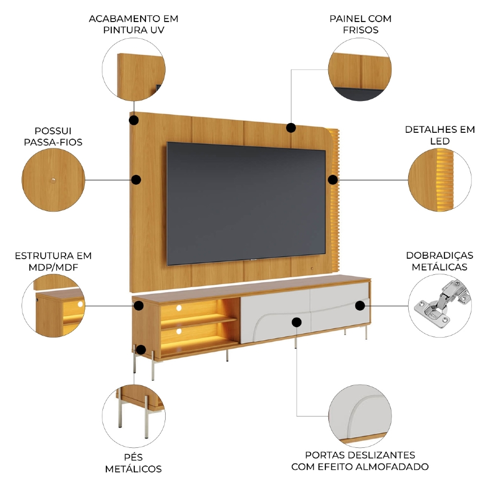 Painel TV 65 Pol LED e Rack Sala Pé Metal Dante Naturale/Off C05 - Mpozenato