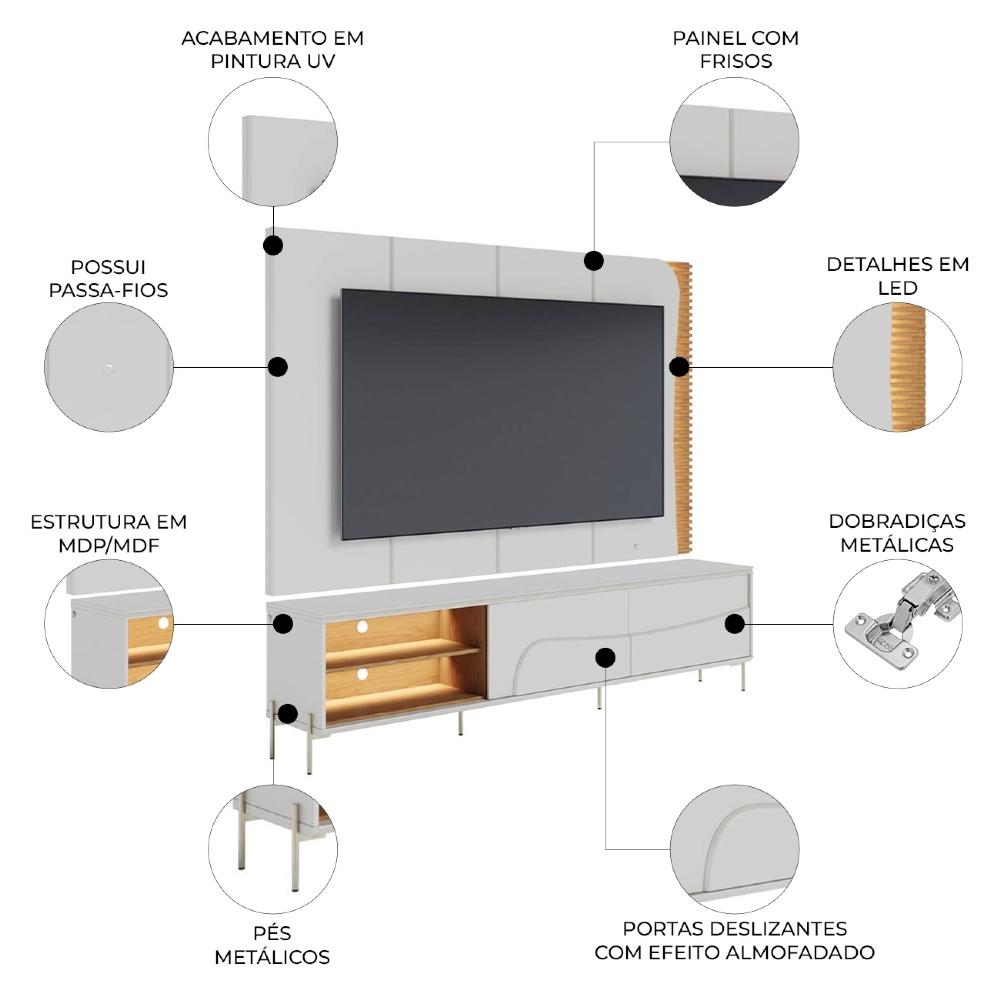 Painel TV 65 Pol LED e Rack Sala Pé Metal Dante Off/Freijó C05 - Mpozenato