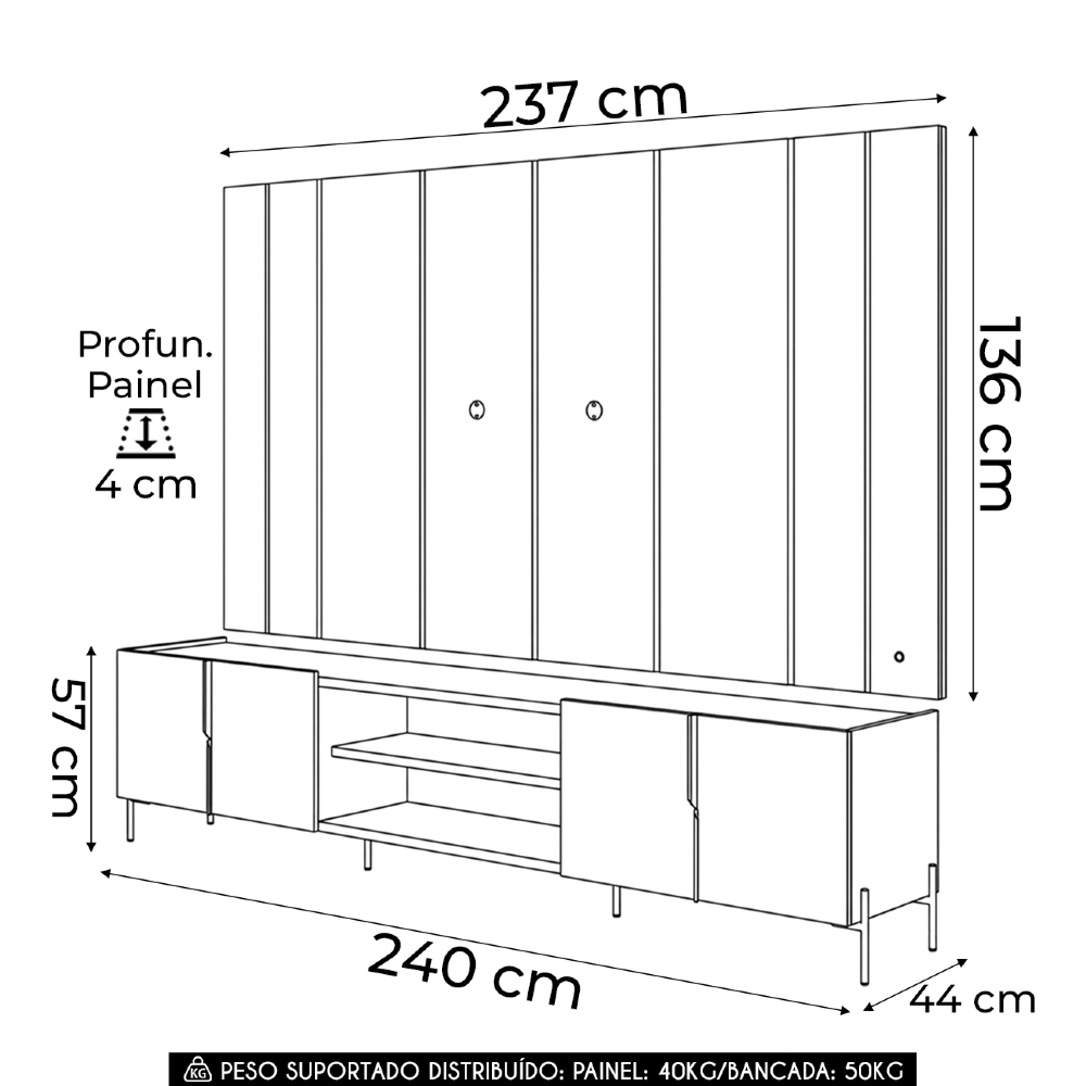 Painel TV 75 Pol LED e Rack Sala Pé Metal Gior Naturale C05 - Mpozenato