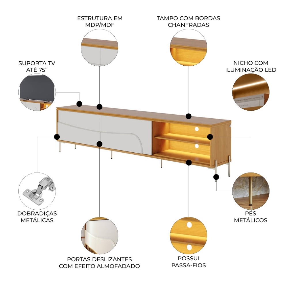 Rack TV 75 Pol 217cm Pé Metal Dante Naturale/Off C05 - Mpozenato