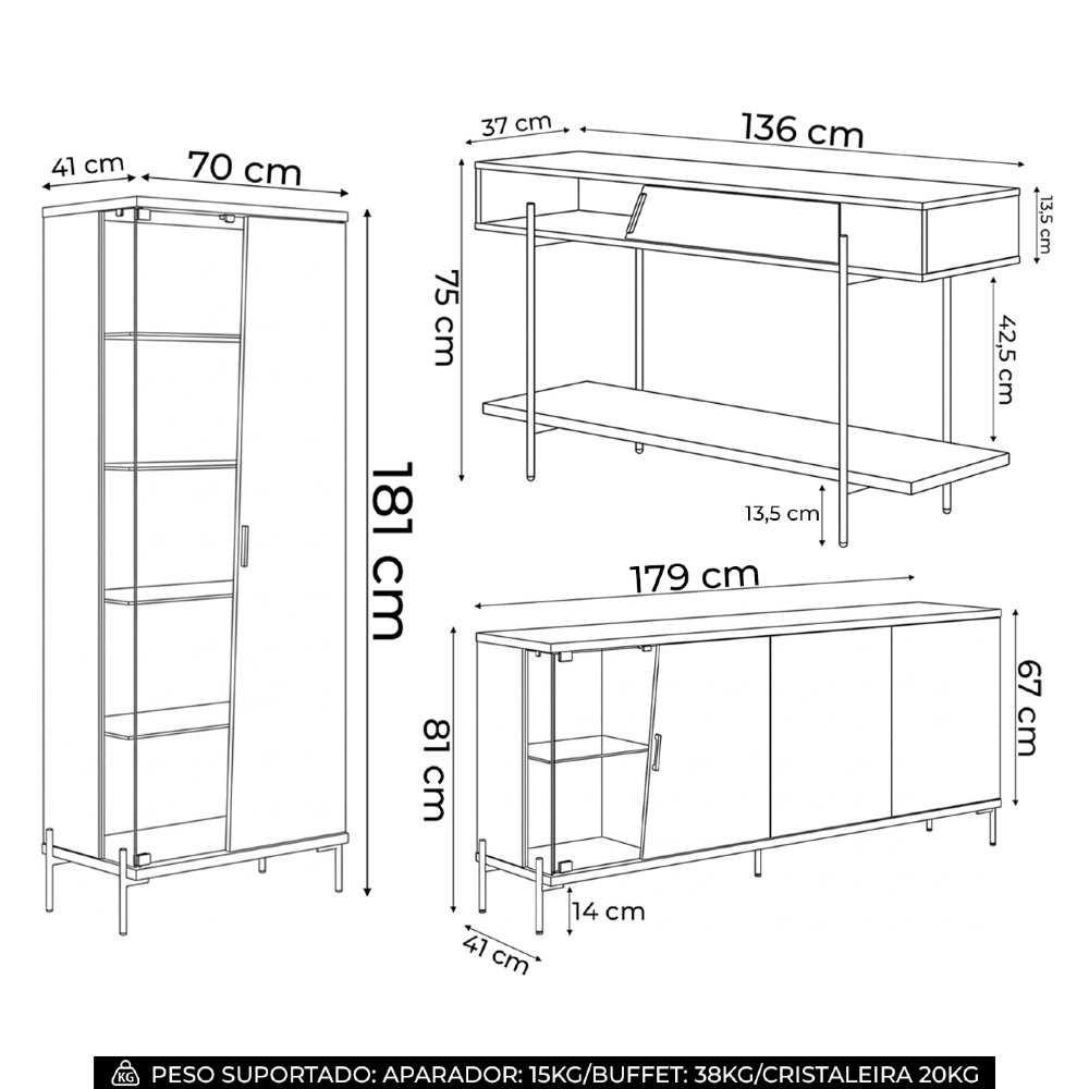 Buffet Aparador e Cristaleira Com LED Pés Metálicos Mercuri Off/Freijó C05 - Mpozenato