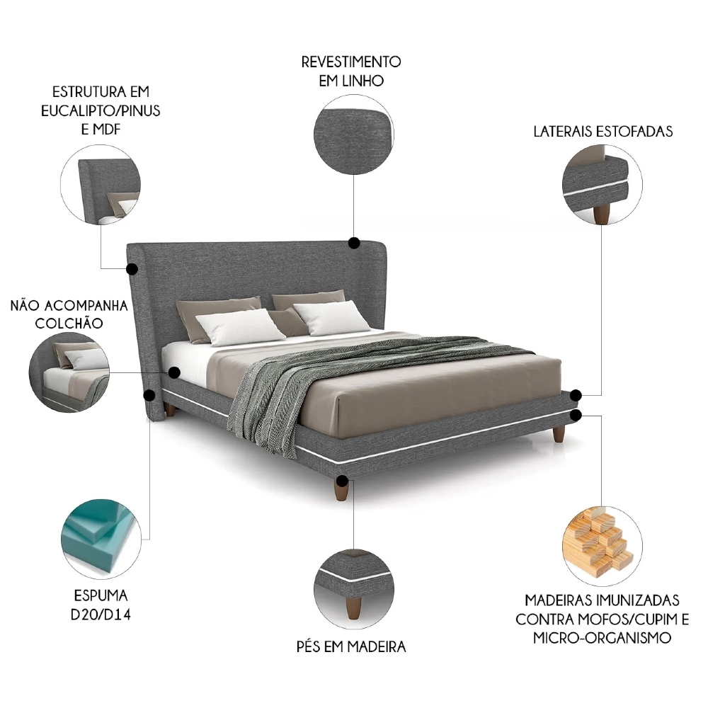 Cama King 195cm Com Cabeceira Many Z37 Linho Cinza - Mpozenato