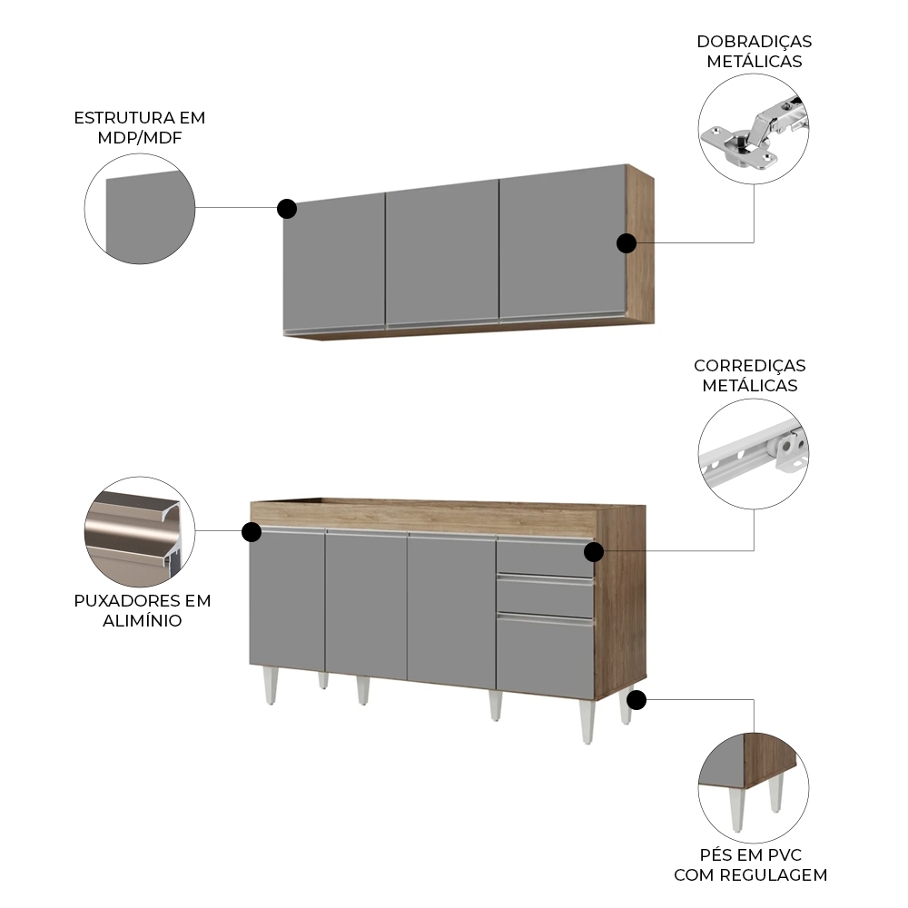 Armário Aéreo Argélia e Balcão Gabinete Para Pia 150cm sem Tampo Marrocos Castanho/Cinza - Lumil Móveis