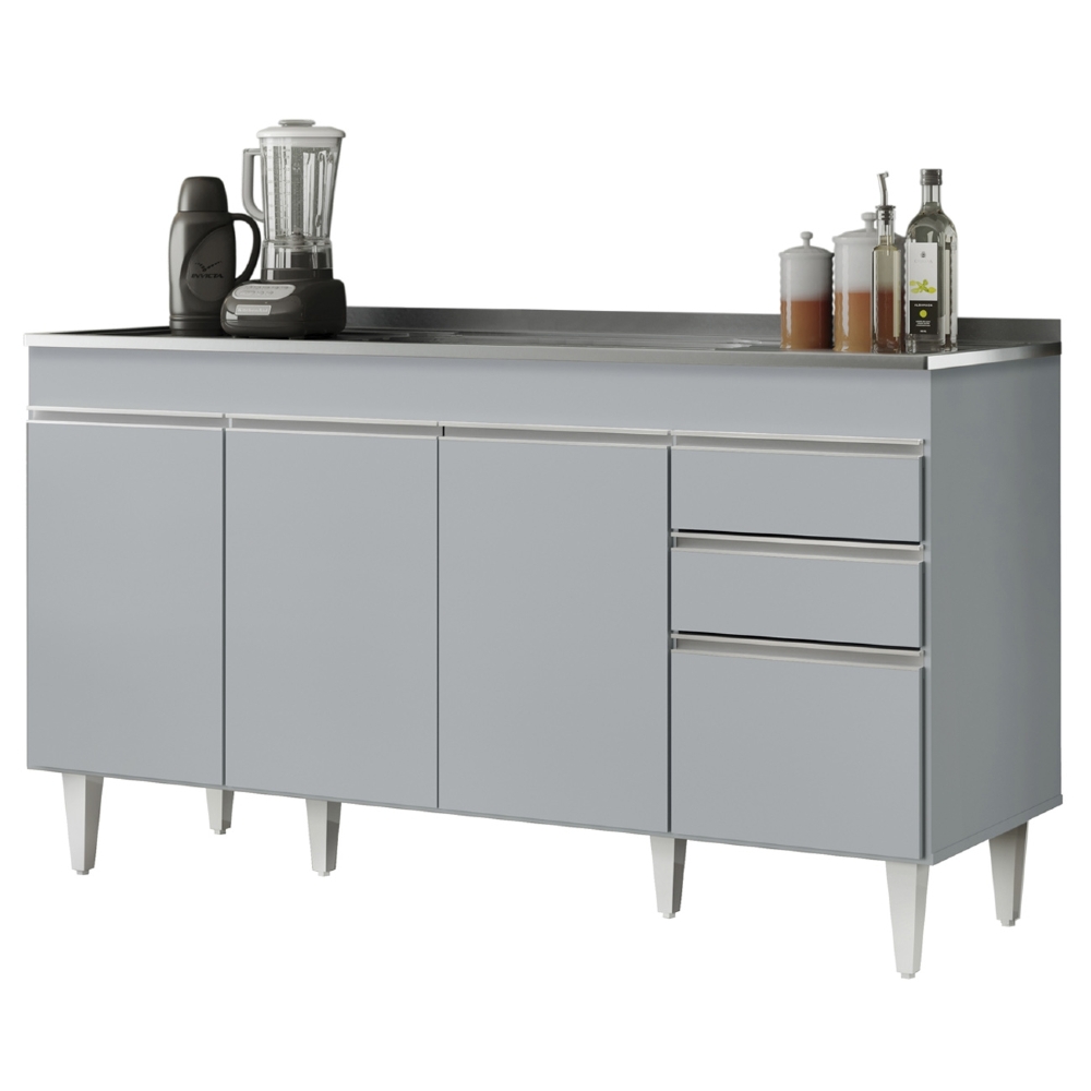 Balcão de Cozinha com Pia Inox 150cm 4 Portas Marrocos Cinza Claro - Lumil