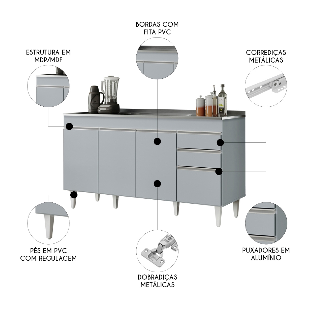 Balcão de Cozinha com Pia Inox 150cm 4 Portas Marrocos Cinza Claro - Lumil