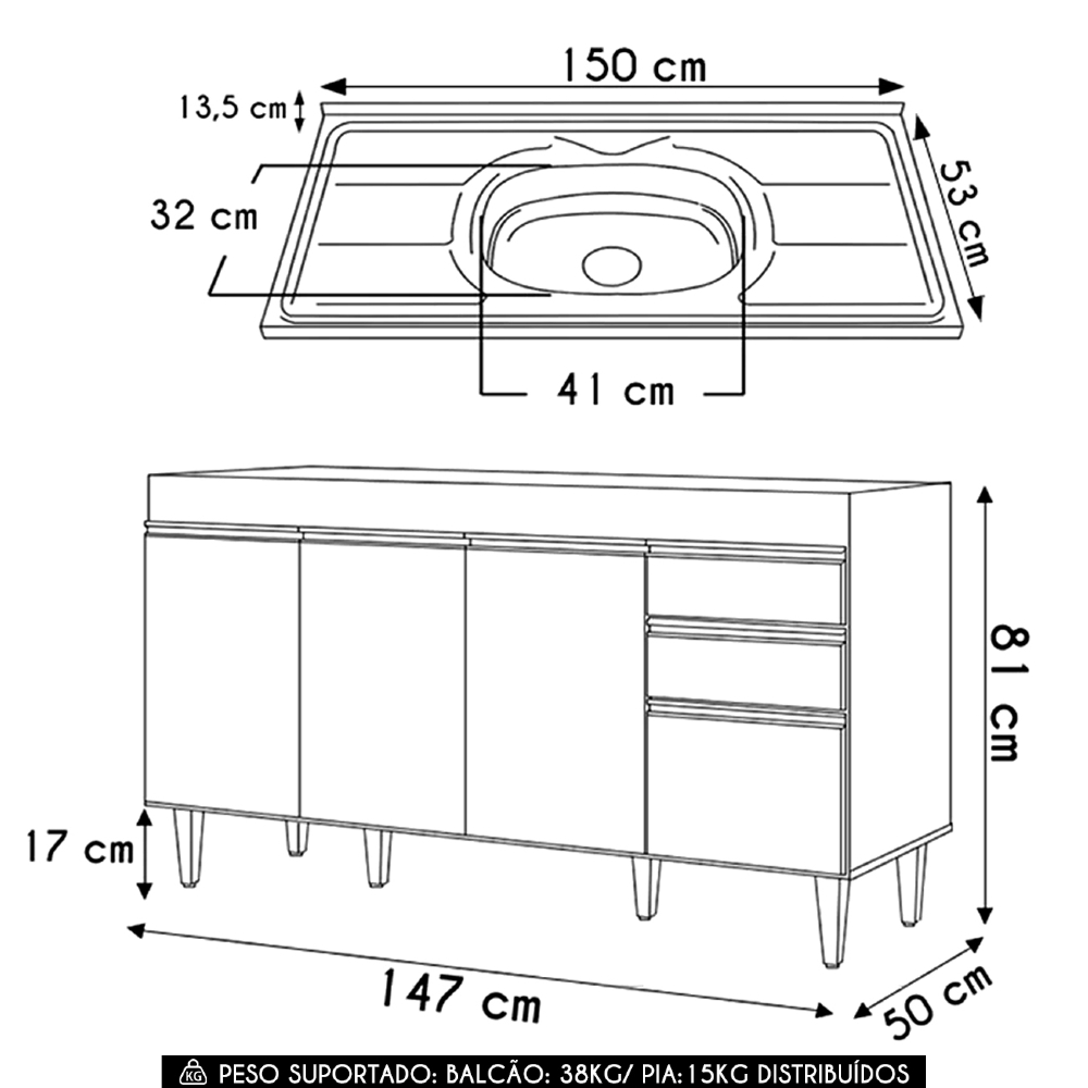 Balcão de Cozinha com Pia Inox 150cm 4 Portas Marrocos Cinza Claro - Lumil