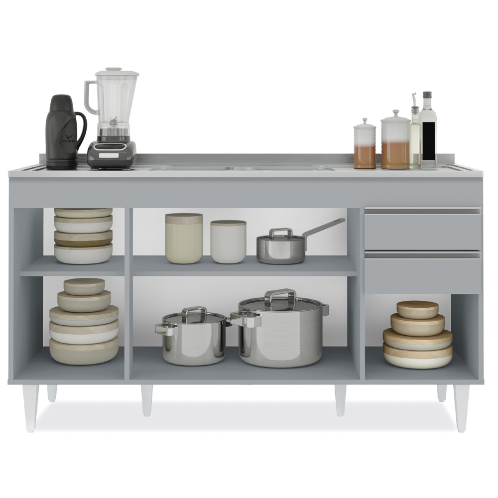 Balcão de Cozinha com Pia Inox 150cm 4 Portas Marrocos Cinza Claro - Lumil