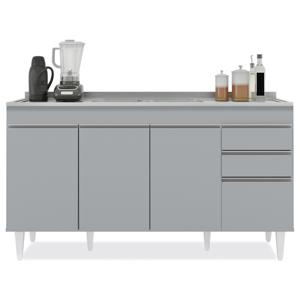 Balcão de Cozinha com Pia Inox 150cm 4 Portas Marrocos Cinza Claro - Lumil