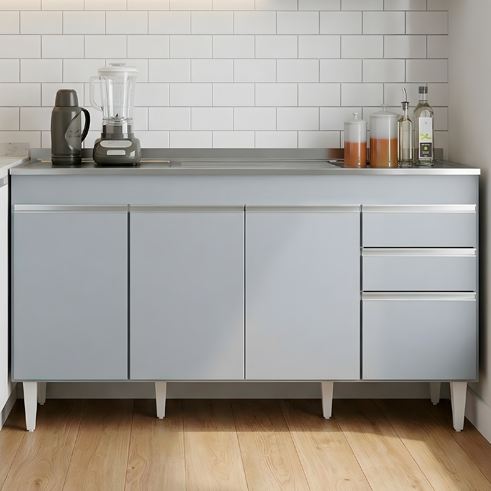 Balcão de Cozinha com Pia Inox 150cm 4 Portas Marrocos Cinza Claro - Lumil