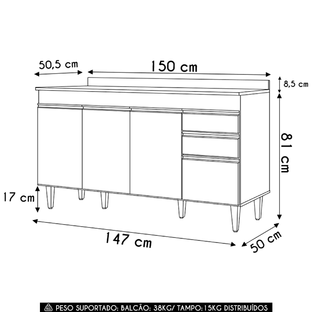 Balcão de Cozinha Para Pia 150cm com Tampo Marrocos Cinza Claro/Castanho - Lumil