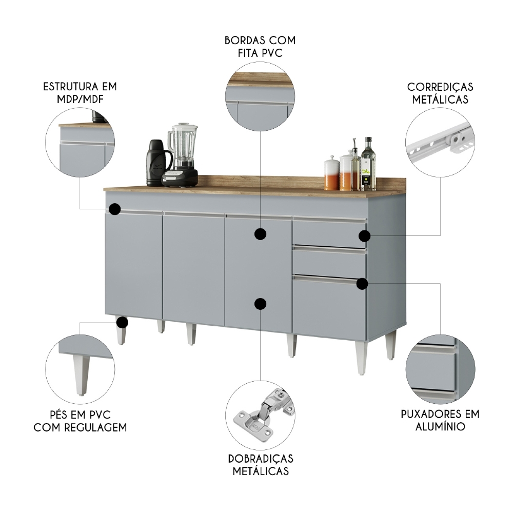 Balcão de Cozinha Para Pia 150cm com Tampo Marrocos Cinza Claro/Castanho - Lumil