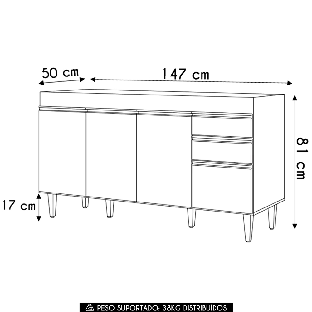 Balcão de Cozinha Para Pia 150cm 4 Portas Sem Tampo Marrocos Cinza Claro - Lumil