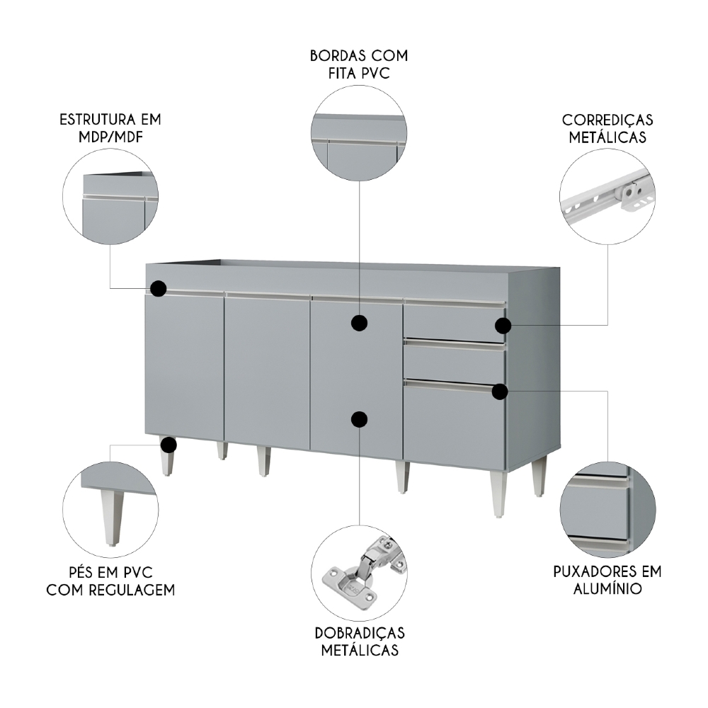 Balcão de Cozinha Para Pia 150cm 4 Portas Sem Tampo Marrocos Cinza Claro - Lumil