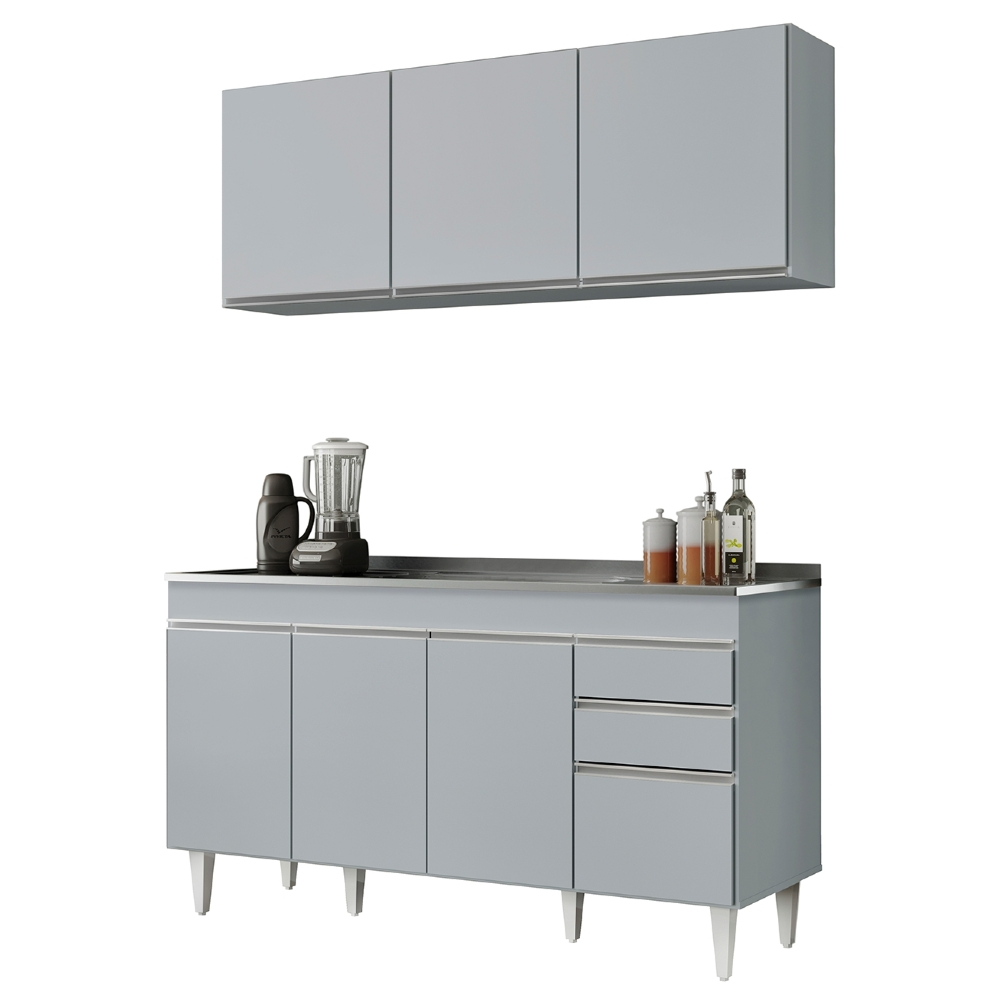 Armário de Cozinha Aéreo Argélia e Balcão Com Pia 150cm Marrocos Cinza Claro - Lumil
