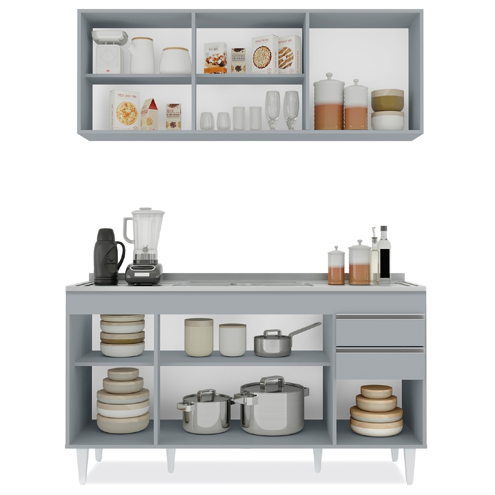 Armário de Cozinha Aéreo Argélia e Balcão Com Pia 150cm Marrocos Cinza Claro - Lumil
