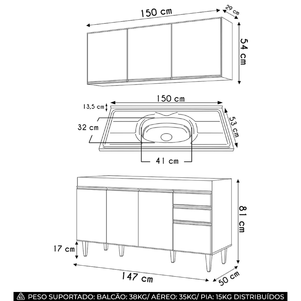 Armário de Cozinha Aéreo Argélia e Balcão Com Pia 150cm Marrocos Cinza Claro - Lumil
