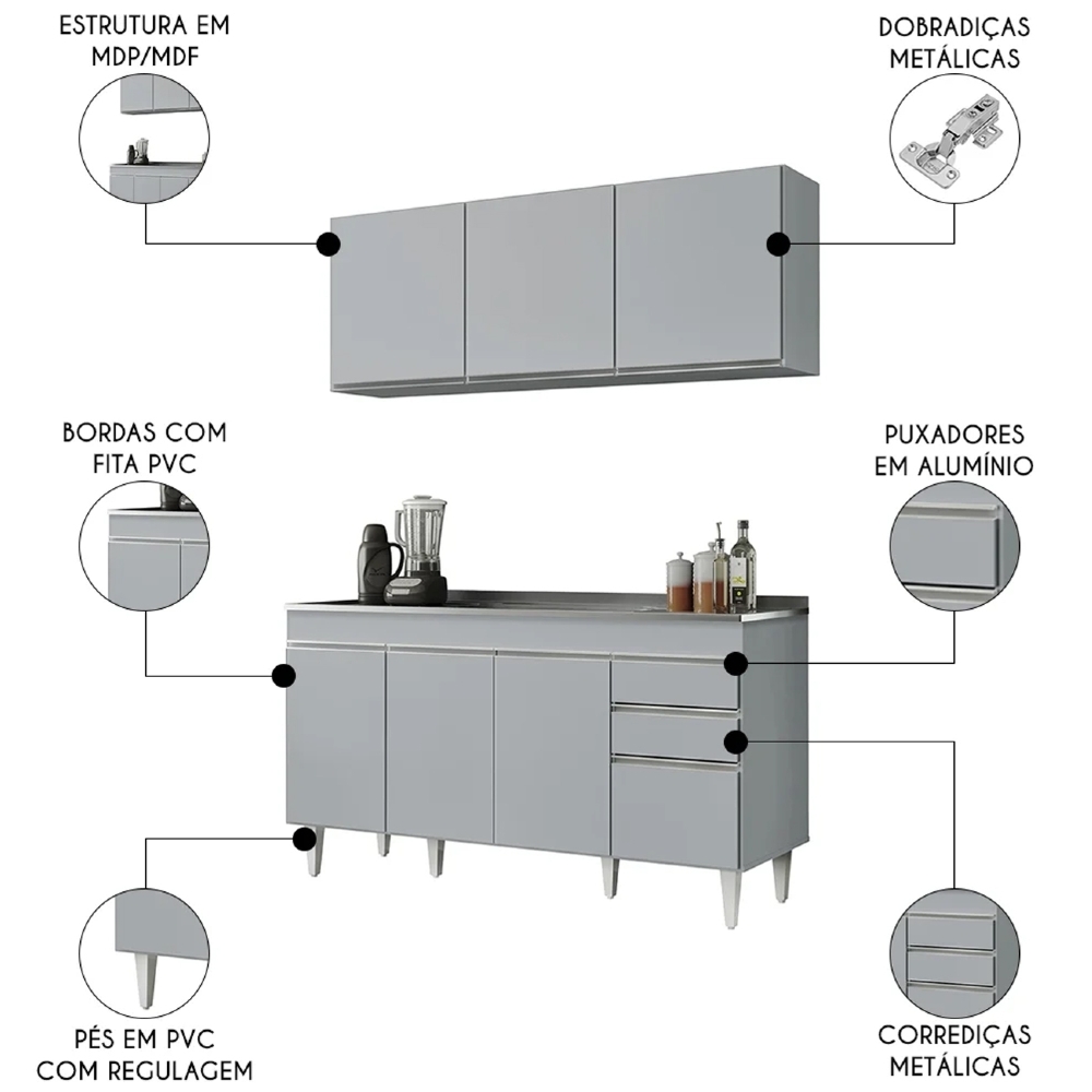 Armário de Cozinha Aéreo Argélia e Balcão Com Pia 150cm Marrocos Cinza Claro - Lumil
