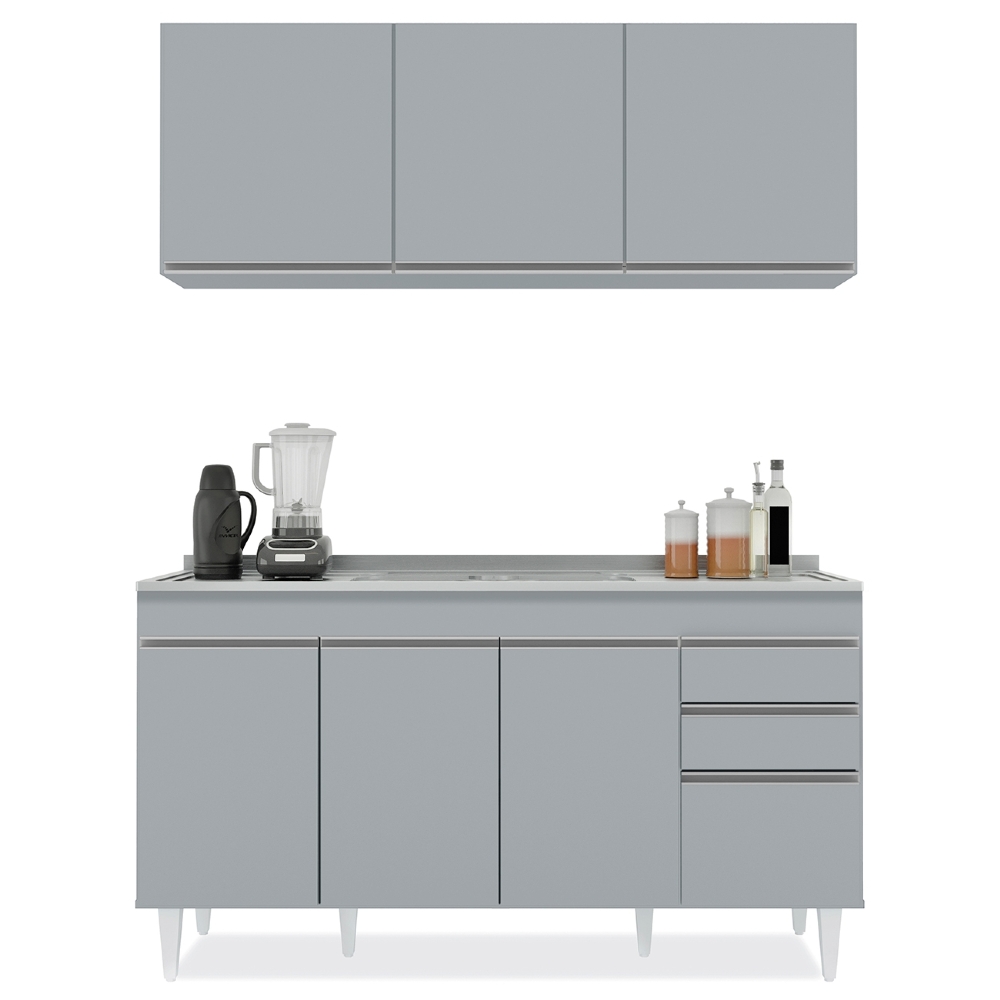 Armário de Cozinha Aéreo Argélia e Balcão Com Pia 150cm Marrocos Cinza Claro - Lumil
