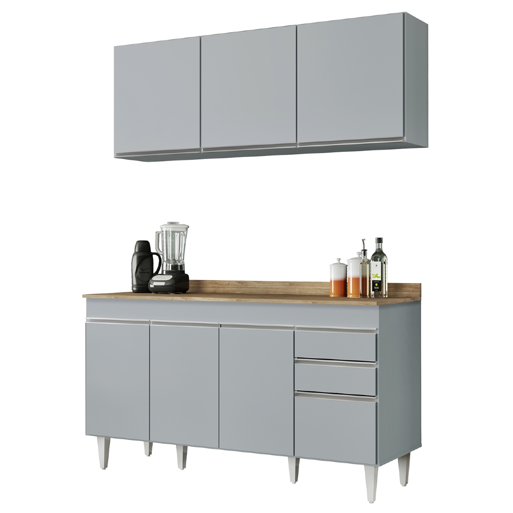 Armário de Cozinha Argélia e Balcão com Tampo 150cm Marrocos Cinza Claro/Castanho - Lumil