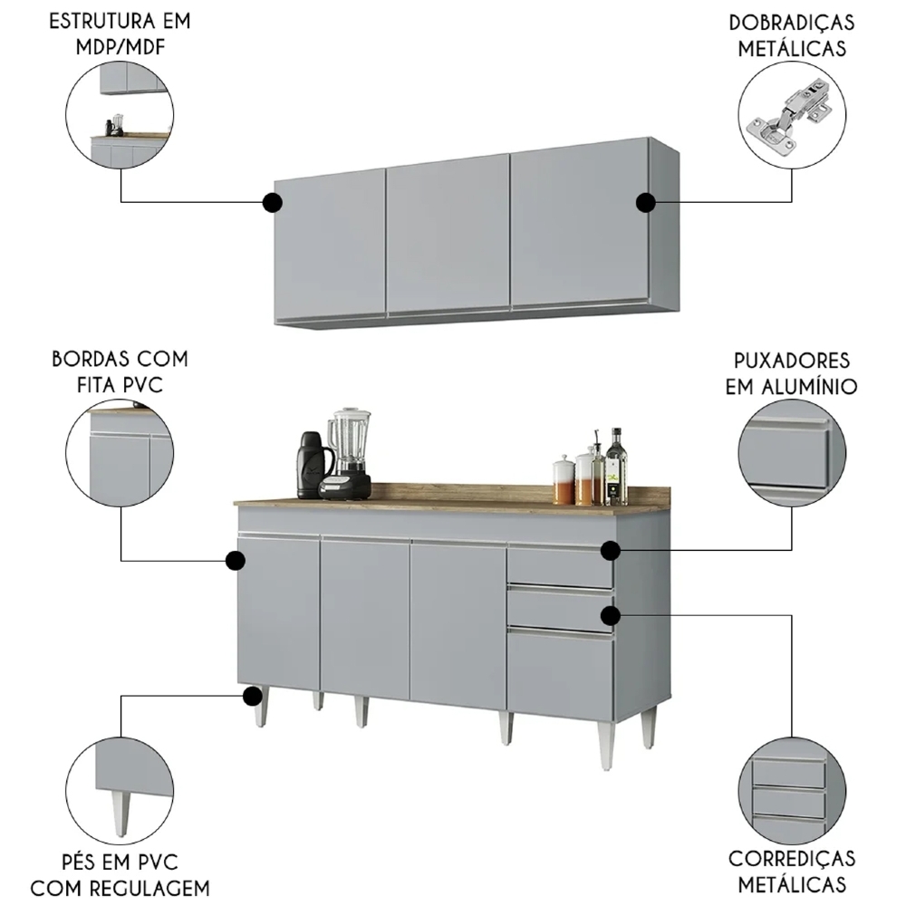 Armário de Cozinha Argélia e Balcão com Tampo 150cm Marrocos Cinza Claro/Castanho - Lumil