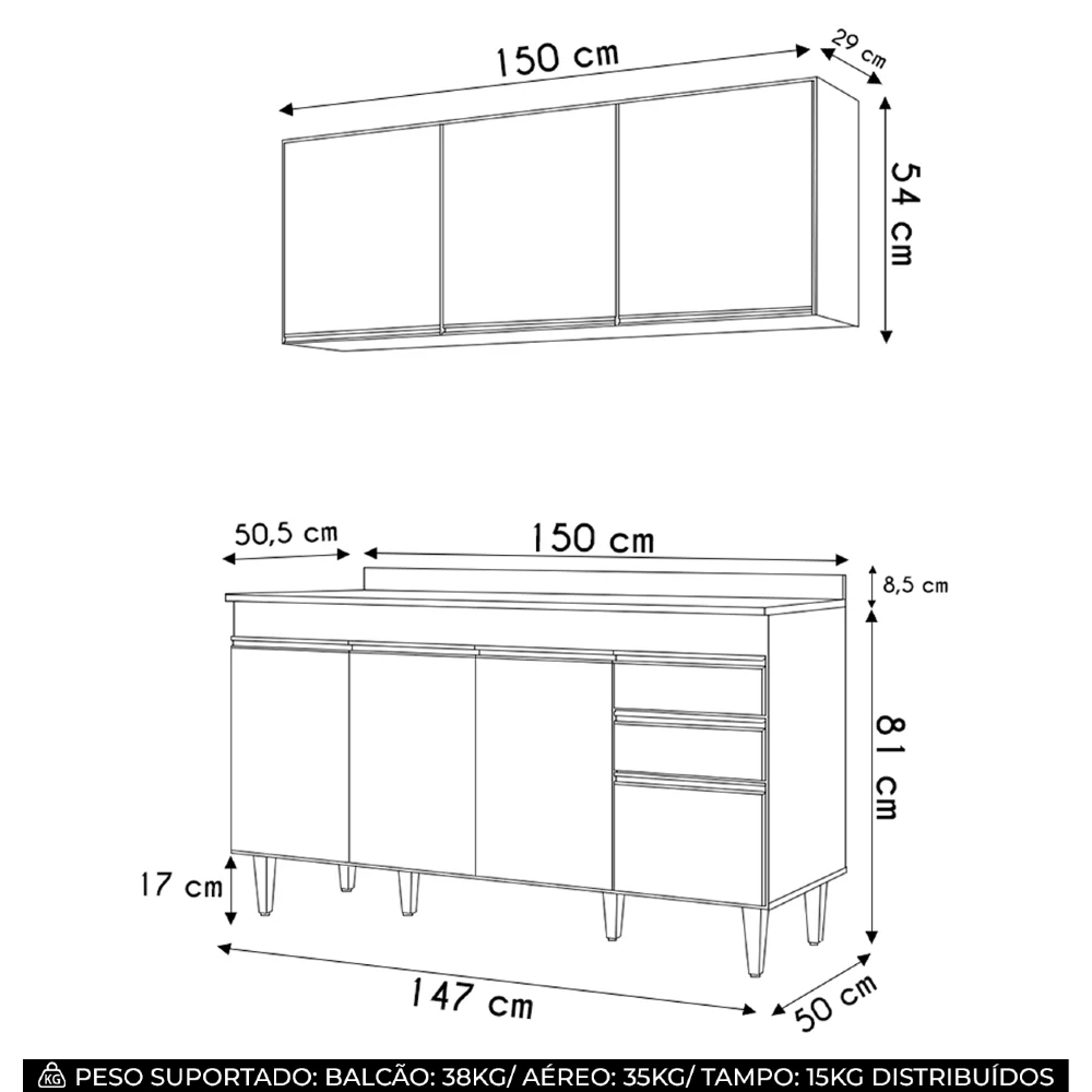 Armário de Cozinha Argélia e Balcão com Tampo 150cm Marrocos Cinza Claro/Castanho - Lumil