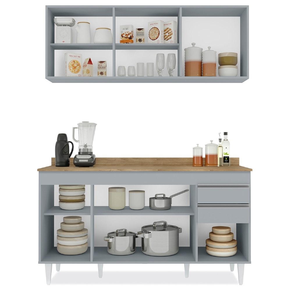Armário de Cozinha Argélia e Balcão com Tampo 150cm Marrocos Cinza Claro/Castanho - Lumil