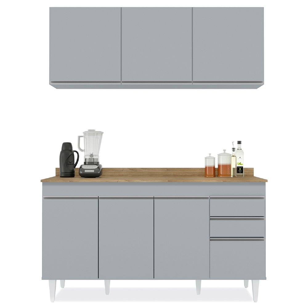 Armário de Cozinha Argélia e Balcão com Tampo 150cm Marrocos Cinza Claro/Castanho - Lumil