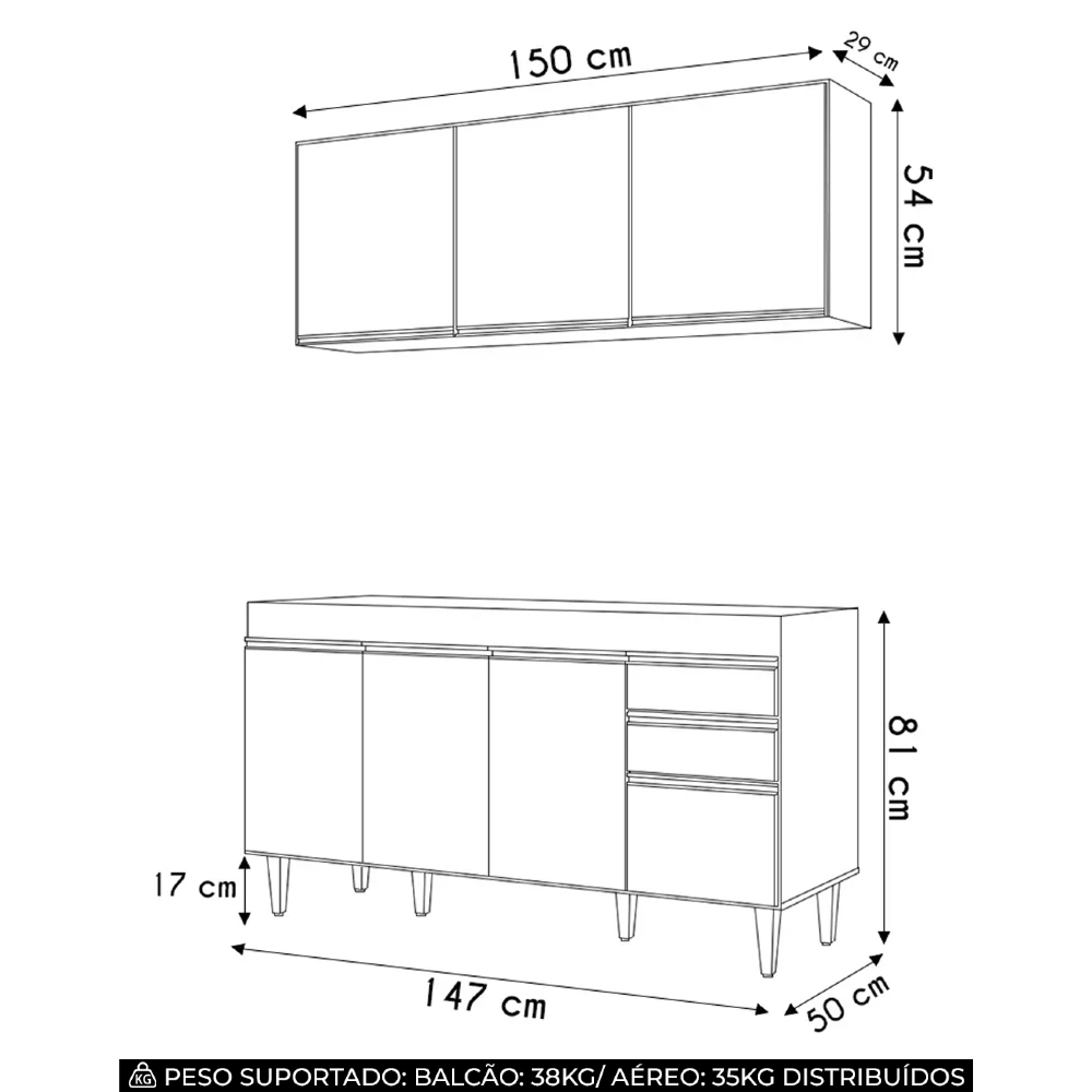 Armário de Cozinha Argélia e Balcão Gabinete 150cm sem Tampo Marrocos Cinza Claro - Lumil