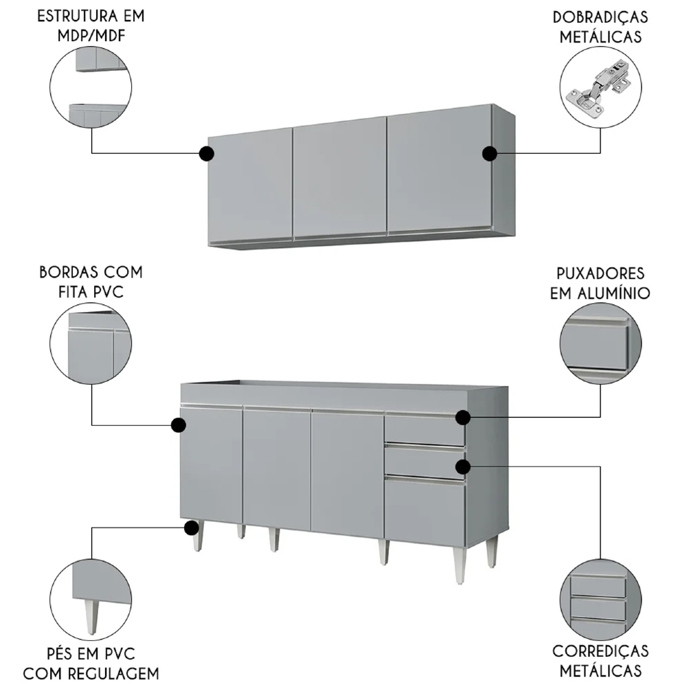 Armário de Cozinha Argélia e Balcão Gabinete 150cm sem Tampo Marrocos Cinza Claro - Lumil