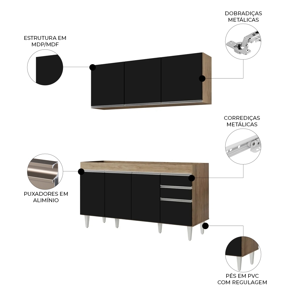 Armário Aéreo Argélia e Balcão Gabinete 150cm Marrocos Castanho/Preto - Lumil Móveis