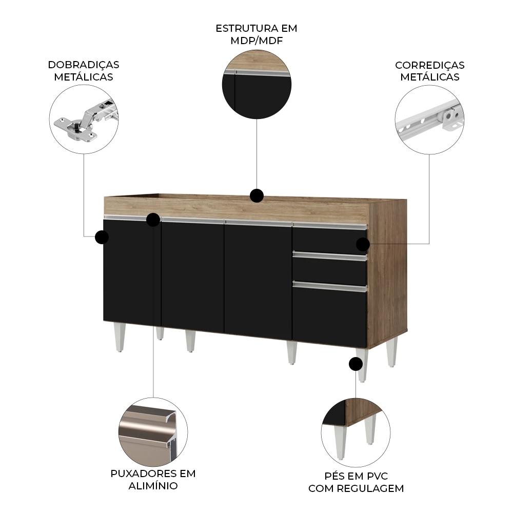 Balcão Gabinete para pia sem Tampo 150cm Marrocos Castanho/Preto - Lumil