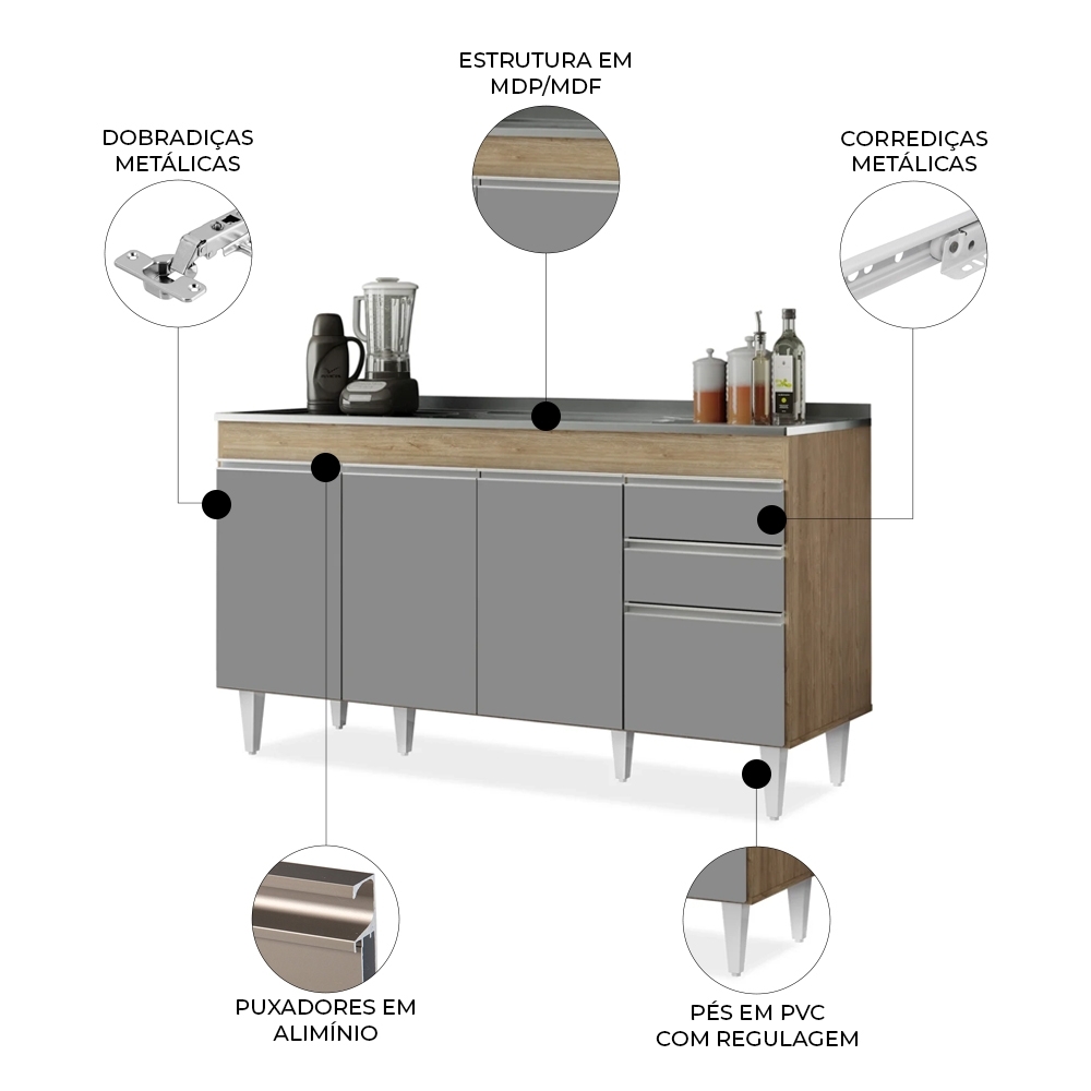 Balcão Gabinete para pia sem Tampo 150cm Marrocos Castanho/Cinza - Lumil