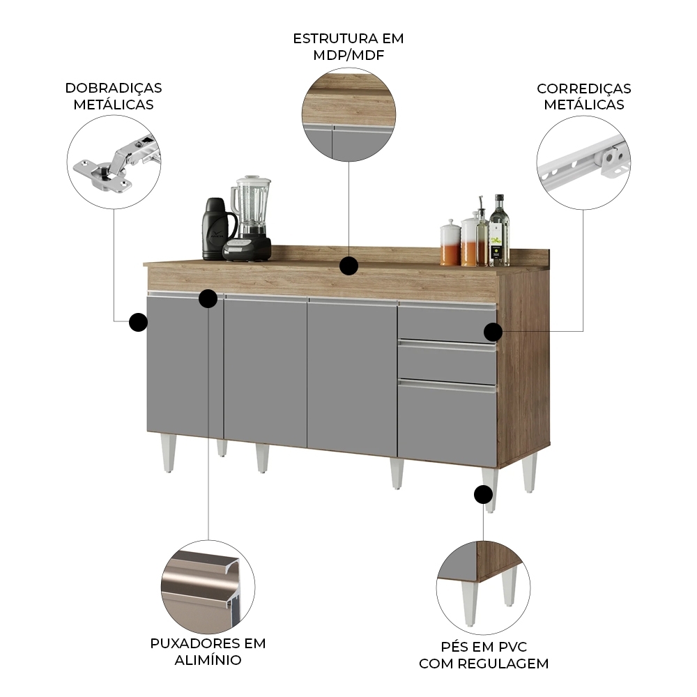 Balcão Gabinete para pia com Tampo 150cm Marrocos Castanho/Cinza - Lumil