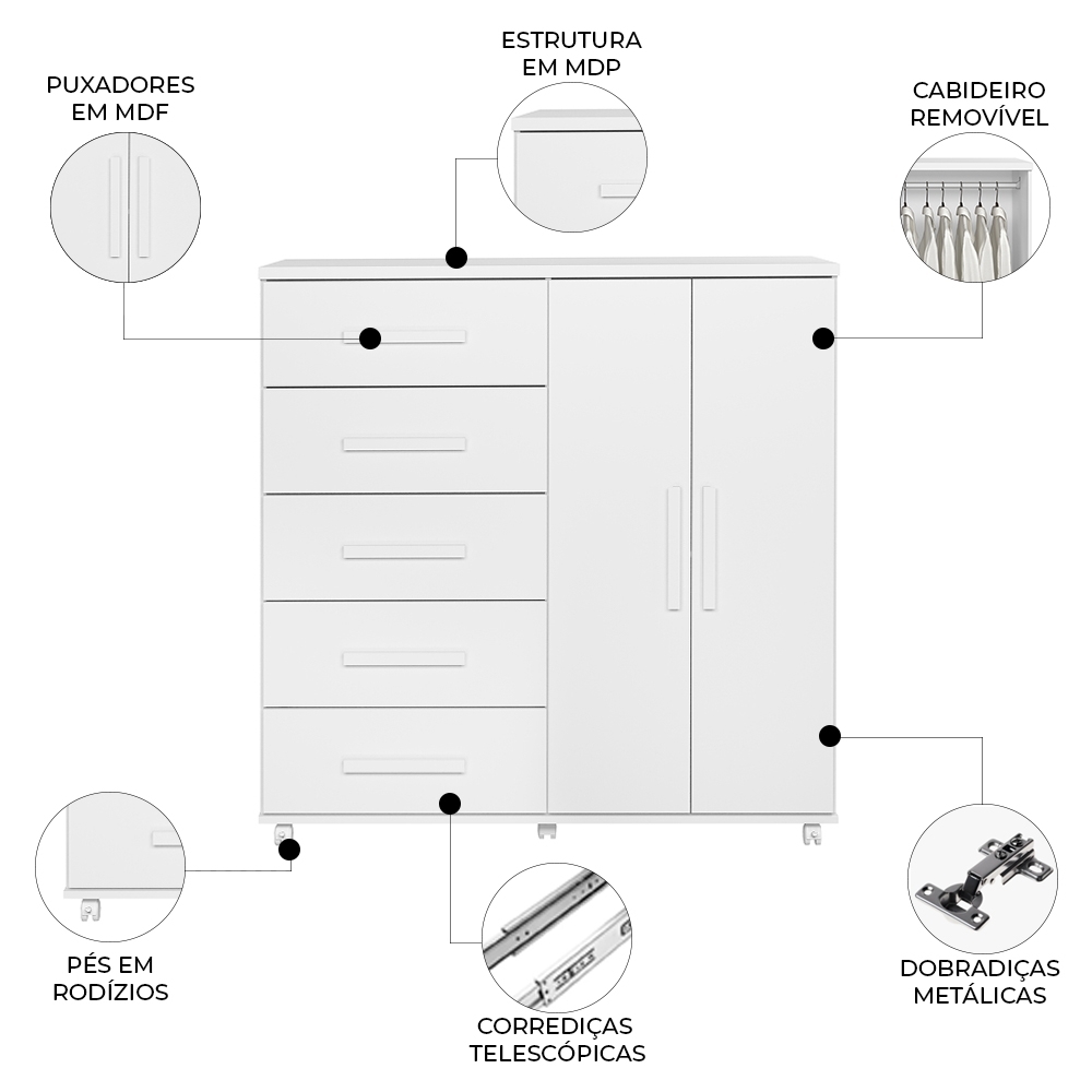 Cômoda Quarto 120cm 5 Gavetas 2 Portas Torena Branco A02 - Mpozenato