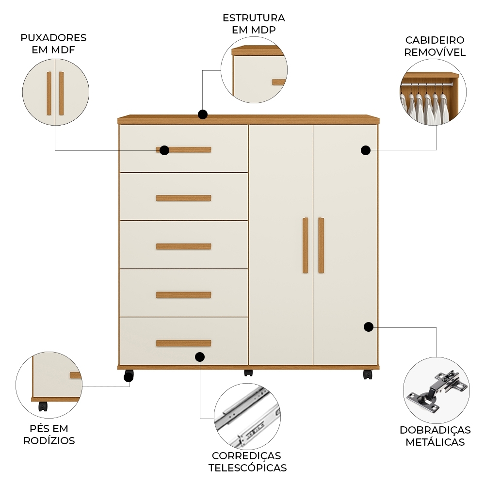 Cômoda Quarto 120cm 5 Gavetas 2 Portas Torena Cinamono/Off A02 - Mpozenato