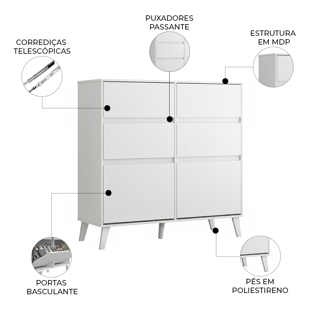 Cômoda Quarto Sapateira 120cm 4 Gavetas 2 Portas Dalia Branco A02 - Mpozenato
