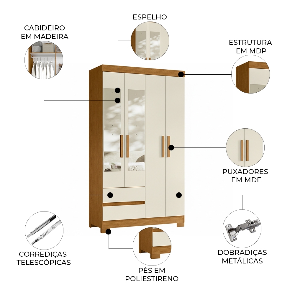 Guarda Roupa Casal 103cm  Espelho Lipion Cinamomo/Off A02 - Mpozenato